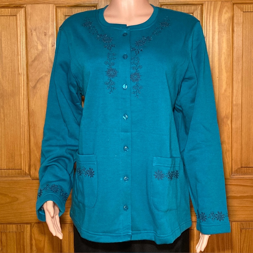 NWOT Blair Cardigan Embroidered Fleece Top Long Sleeve Blouse Blue Size L Large